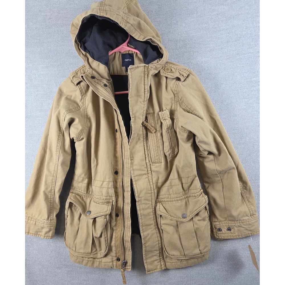 Gap Kids Utility Field Jacket Hooded Tan Khaki M 8 Safari Boho Fleece Lined